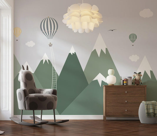 Illustration Green Mountain Kids Wallpaper, Green Wall Poster, Drawwing Child Wallpaper, Funny Baby Wallpaper, Colourful Watercolor Nursery