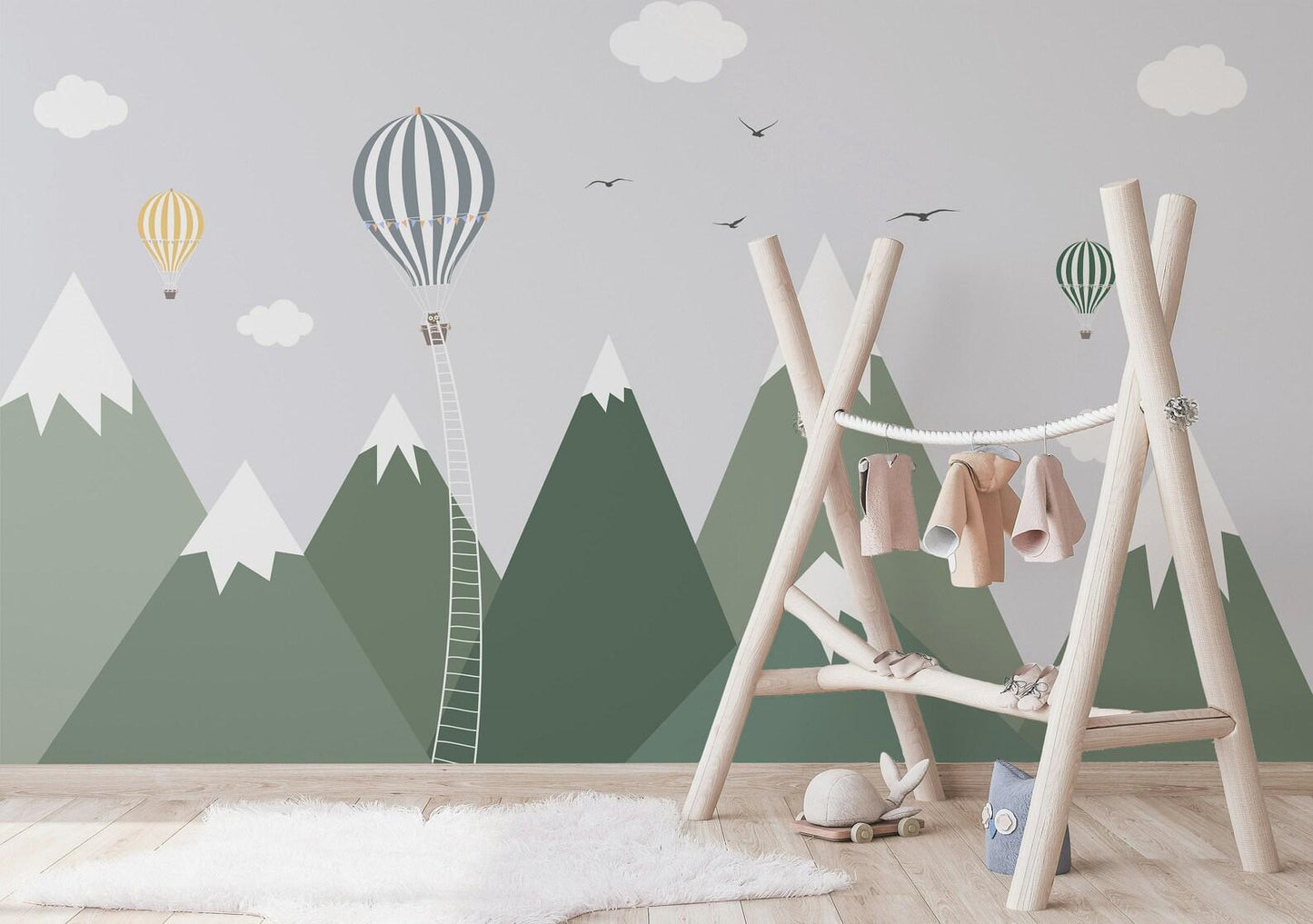 Illustration Green Mountain Kids Wallpaper, Green Wall Poster, Drawwing Child Wallpaper, Funny Baby Wallpaper, Colourful Watercolor Nursery