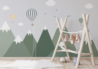 Illustration Green Mountain Kids Wallpaper, Green Wall Poster, Drawwing Child Wallpaper, Funny Baby Wallpaper, Colourful Watercolor Nursery