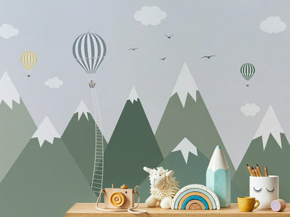 Illustration Green Mountain Kids Wallpaper, Green Wall Poster, Drawwing Child Wallpaper, Funny Baby Wallpaper, Colourful Watercolor Nursery