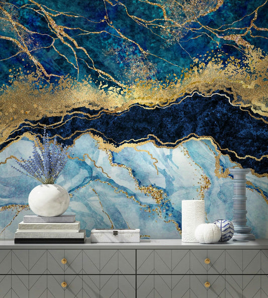 Navy Blue and Gold Marble Effect Wallpaper, Abstract Marble Texture Acrylic Paints Cool Mural, Stylish Wall Design, Modern Wallpaper