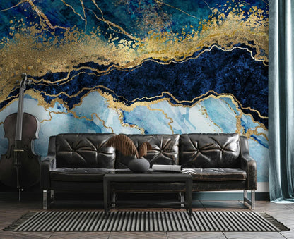 Navy Blue and Gold Marble Effect Wallpaper, Abstract Marble Texture Acrylic Paints Cool Mural, Stylish Wall Design, Modern Wallpaper