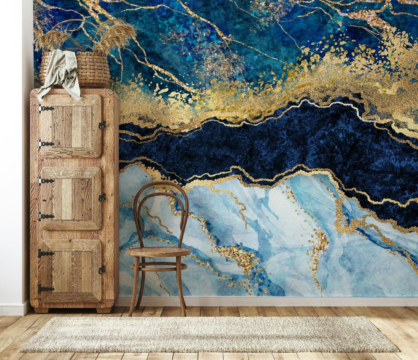 Navy Blue and Gold Marble Effect Wallpaper, Abstract Marble Texture Acrylic Paints Cool Mural, Stylish Wall Design, Modern Wallpaper