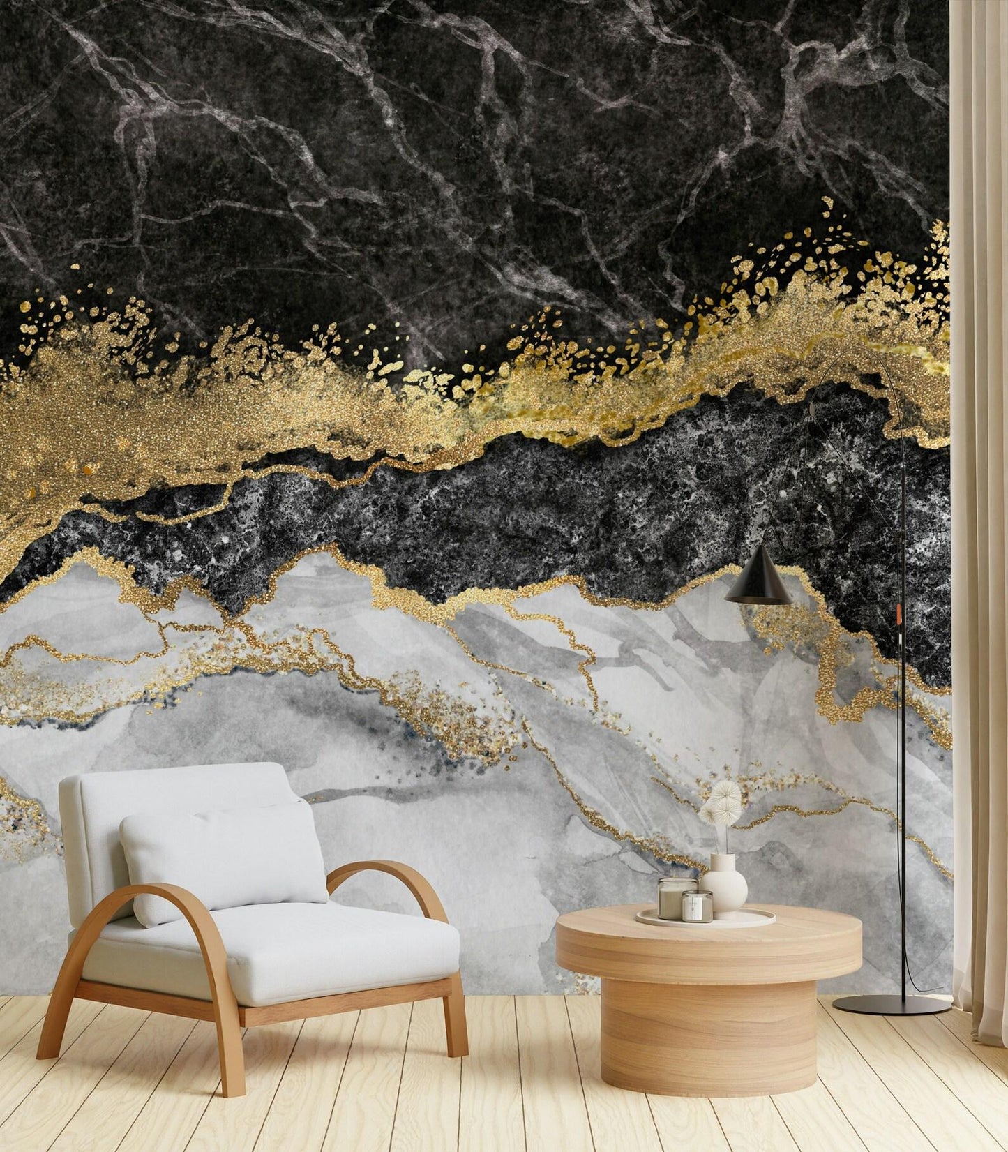 Black and Gold Marble Effect Wallpaper, Abstract Marble Texture Acrylic Paints Cool Mural, Stylish Wall Design, Modern Wallpaper