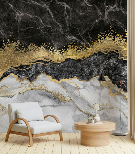 Black and Gold Marble Effect Wallpaper, Abstract Marble Texture Acrylic Paints Cool Mural, Stylish Wall Design, Modern Wallpaper