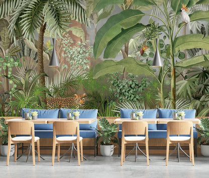 Leopard and Tropical Forest Wallpaper, Rainforest Wallpaper, Exotic Plant Floral Wallpaper, Palm Trees Bohemian Wallpaper, Wild Wallpaper