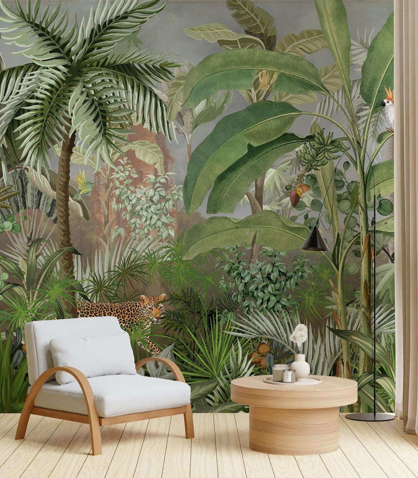 Leopard and Tropical Forest Wallpaper, Rainforest Wallpaper, Exotic Plant Floral Wallpaper, Palm Trees Bohemian Wallpaper, Wild Wallpaper