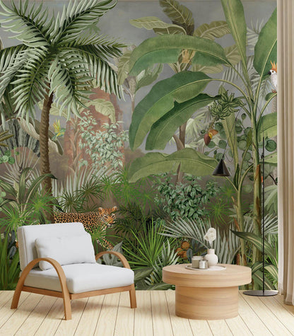 Leopard and Tropical Forest Wallpaper, Rainforest Wallpaper, Exotic Plant Floral Wallpaper, Palm Trees Bohemian Wallpaper, Wild Wallpaper