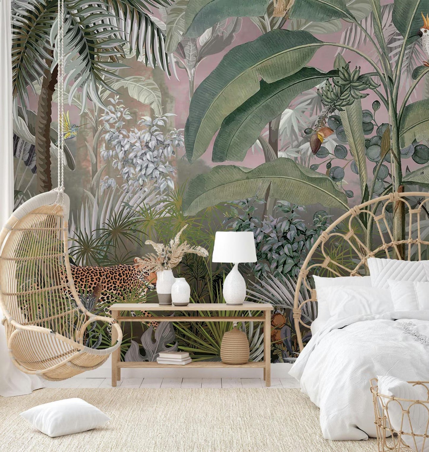 Leopard and Gray Tropical Forest Wallpaper, Wild Rainforest Wallpaper, Exotic Plant Floral Wallpaper, Palm Trees Bohemian Wallpaper