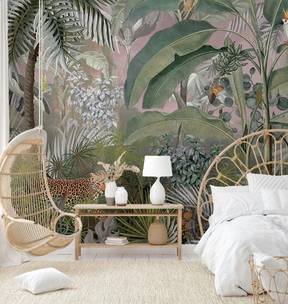 Leopard and Gray Tropical Forest Wallpaper, Wild Rainforest Wallpaper, Exotic Plant Floral Wallpaper, Palm Trees Bohemian Wallpaper