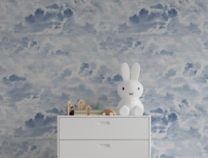 Blue Clouds Wallpaper For Kidsroom, Watercolor Wallpaper Nursery, Blue Child Wallpaper, Illustration Sky Wallpaper, Baby Boy Wallpaper