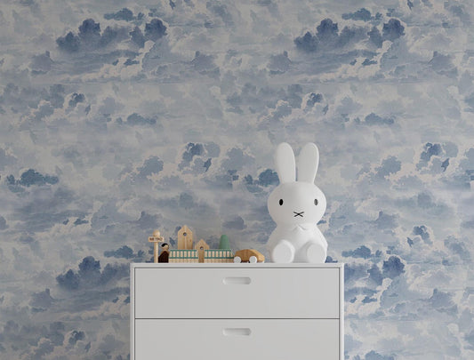 Blue Clouds Wallpaper For Kidsroom, Watercolor Wallpaper Nursery, Blue Child Wallpaper, Illustration Sky Wallpaper, Baby Boy Wallpaper