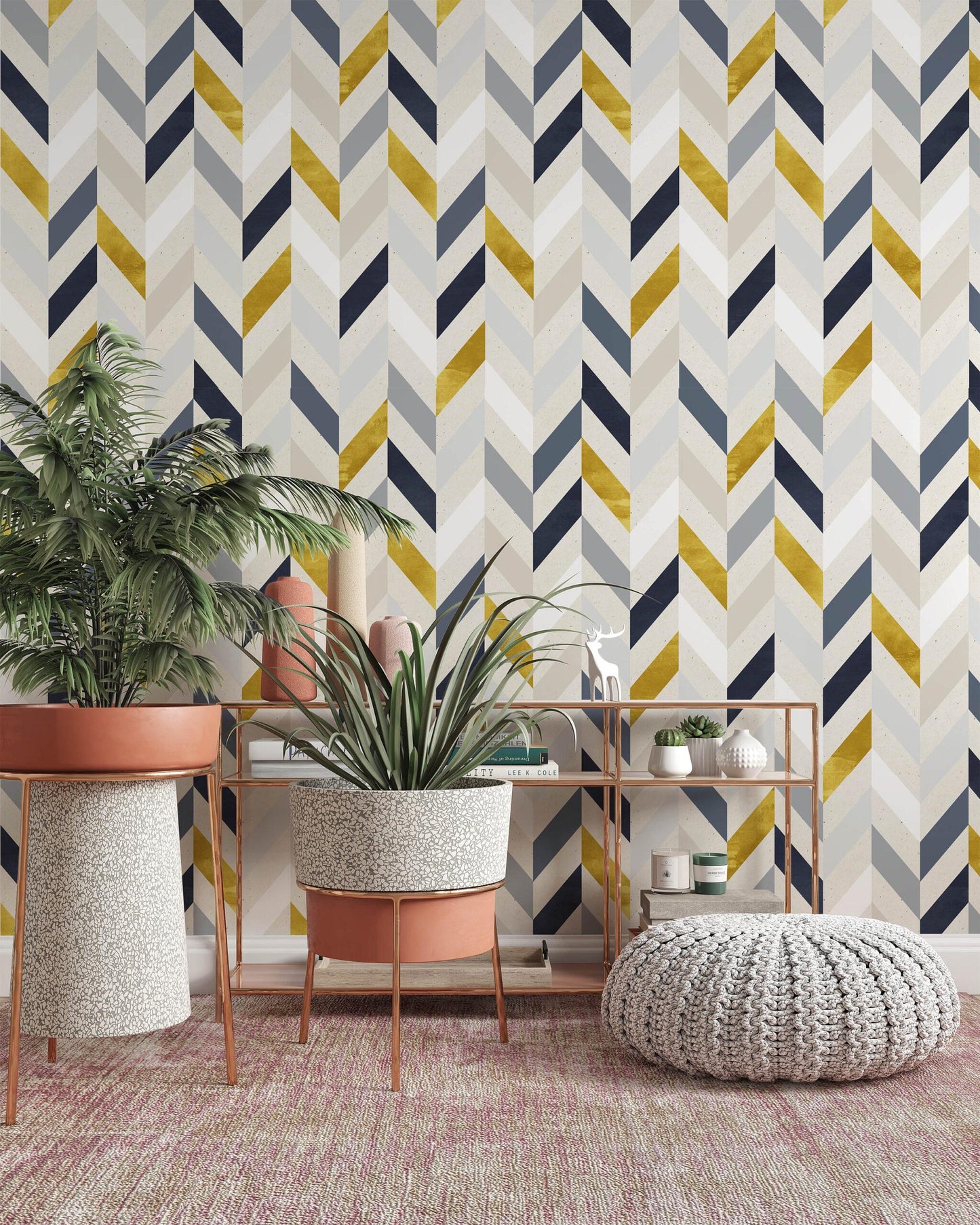 Colorful Geometric Shapes Wallpaper in Retro Colors, Stylish Modern Lines Mural, Artistic 3D Wall Poster, Geometric Boho Wallpaper