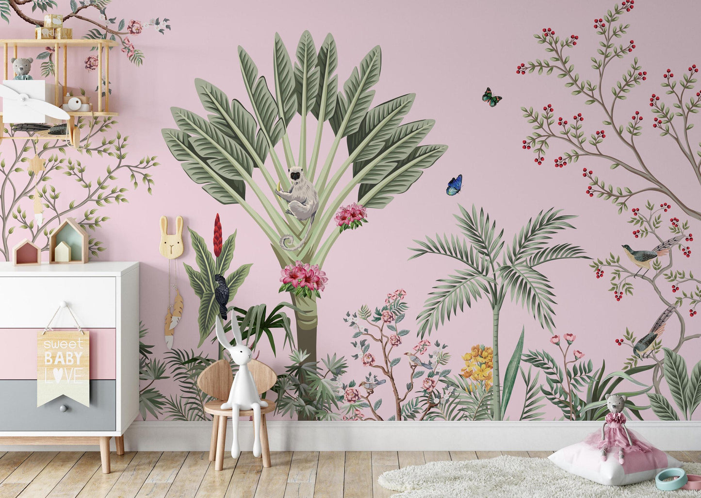 Pink Tropical Forest Kids Wallpaper, Cute Animal Wallpaper for Kidsroom, Pink Palm Trees Wallpaper, Jungle Wallpaper Nursery