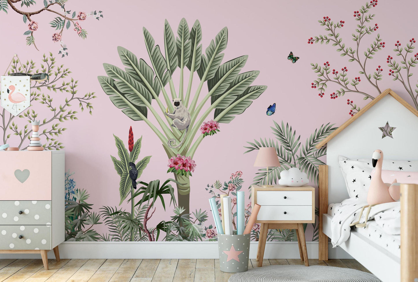 Pink Tropical Forest Kids Wallpaper, Cute Animal Wallpaper for Kidsroom, Pink Palm Trees Wallpaper, Jungle Wallpaper Nursery