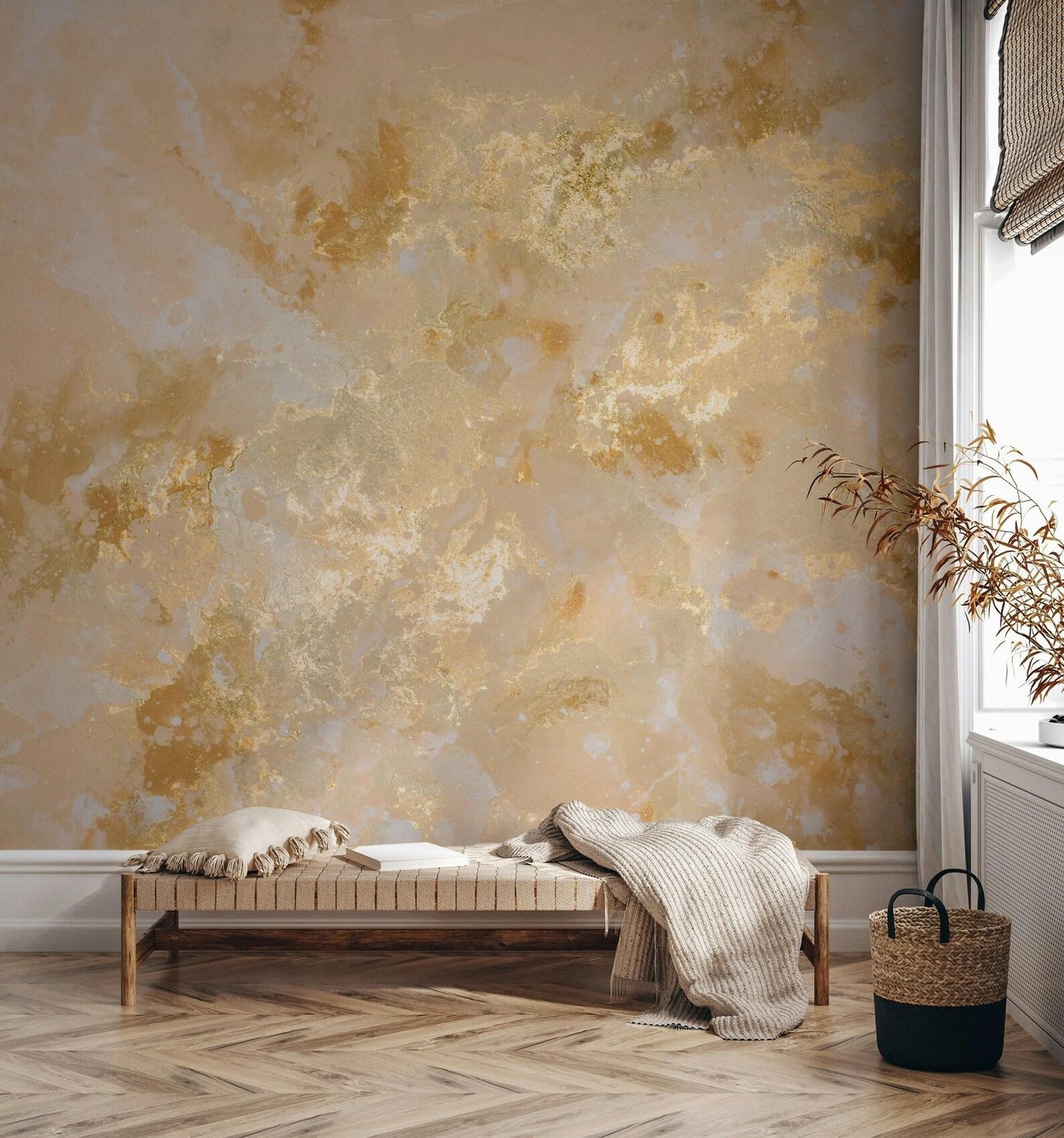 Gold Marble Wallpaper With Beige Colors, Abstract Peel and Stick Wallpaper, Stylish Room Design, Modern Pattern Wallpaper, Cool Mural