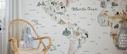 World Map Animal and Geographical Symbols Wallpaper For Kidsroom, Child Wallpaper , Peel and Stick Wall Mural Nursery, Cute Baby Wallpaper