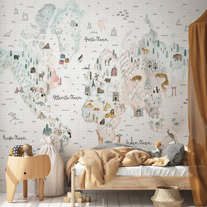 World Map Animal and Geographical Symbols Wallpaper For Kidsroom, Child Wallpaper , Peel and Stick Wall Mural Nursery, Cute Baby Wallpaper