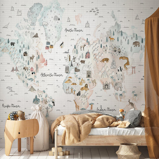 World Map Animal and Geographical Symbols Wallpaper For Kidsroom, Child Wallpaper , Peel and Stick Wall Mural Nursery, Cute Baby Wallpaper