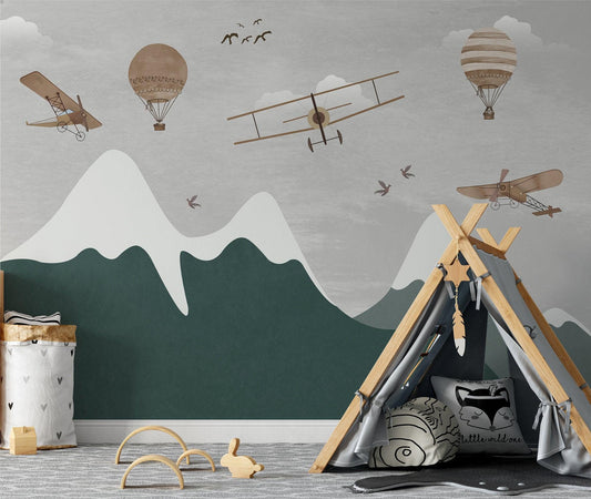 Illustration Snowy Green Mountain With Planes Kids Wallpaper, Green Child Wall Poster, Funny Baby Wallpaper, Colourful Watercolor Nursery