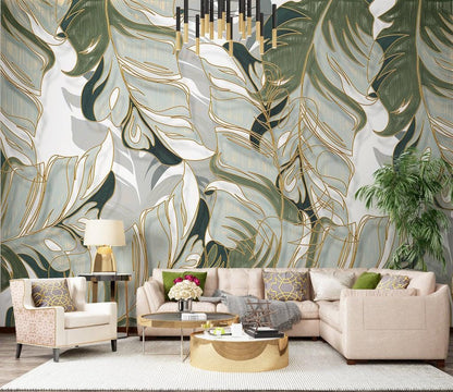 Green Leaves Wallpaper, Nature Illustration Wallpaper, Design Botany Mural, Peel and Stick Wallpaper, Stylish Tropical Drawwing Wallpaper