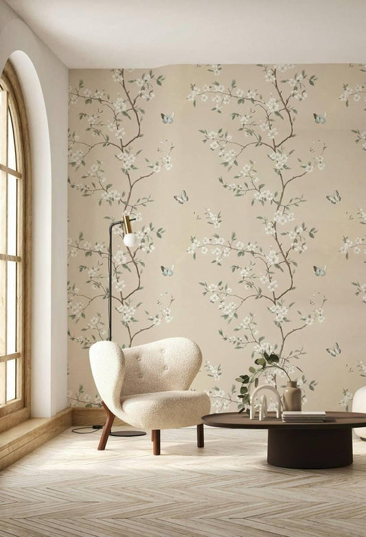 Elegant White Flowers and Butterflies Wallpaper, Spring Branch Wallpaper, Vintage Floral Wallpaper, Romantic Mural, Beige Bloom Wallpaper