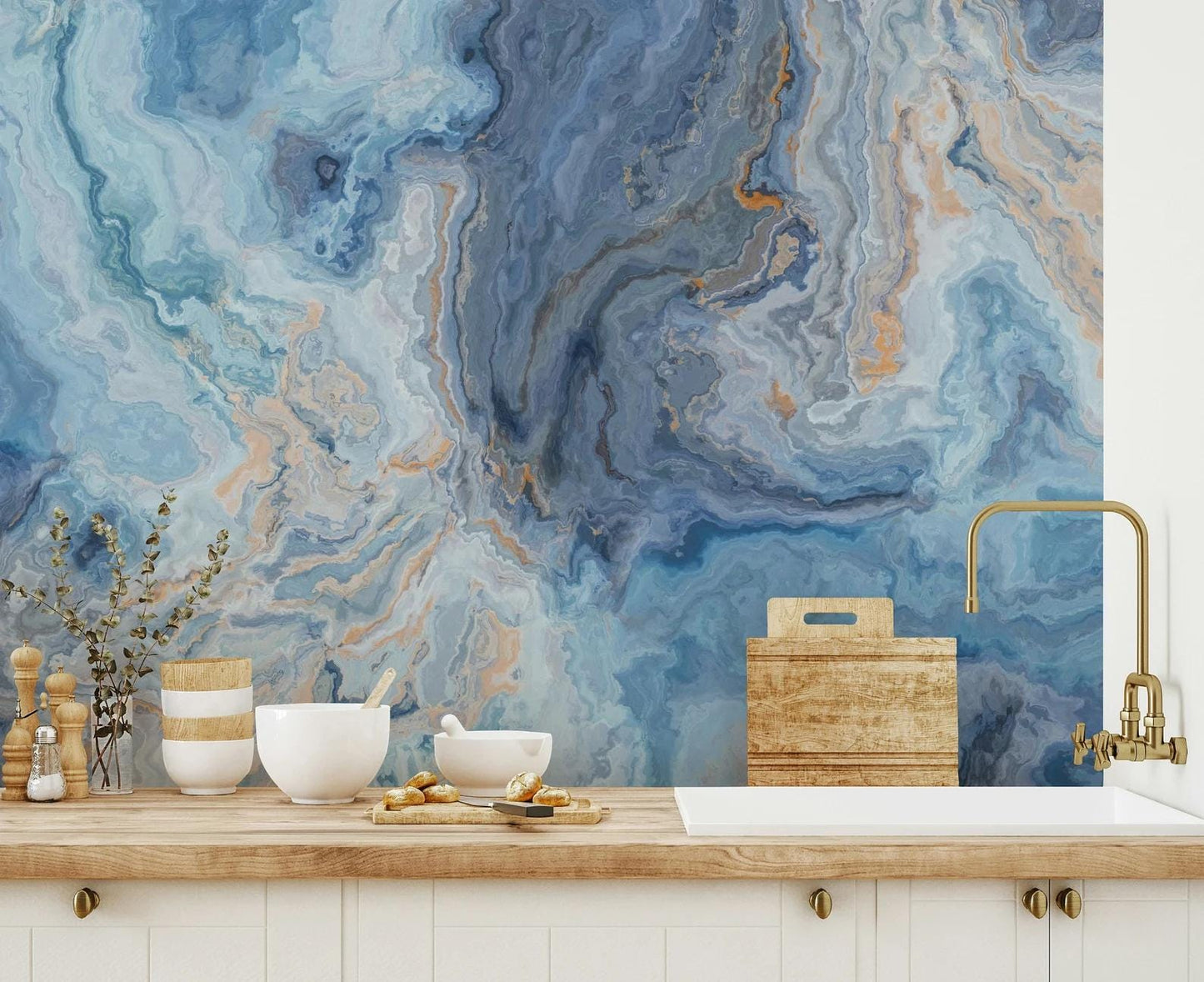 Blue Watered Marble Wallpaper, Abstract Marble Texture Cool Wall Mural, Stylish Wall Design, Modern Wallpaper, Blue Wallpaper