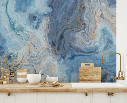 Blue Watered Marble Wallpaper, Abstract Marble Texture Cool Wall Mural, Stylish Wall Design, Modern Wallpaper, Blue Wallpaper