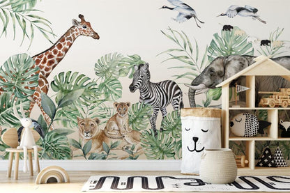 Wildlife Animals Kids Wallpaper, Elephant Giraffe Zebra Wallpaper for Kidsroom, Safari Child Wallpaper, Tropical Jungle Wallpaper Nursery