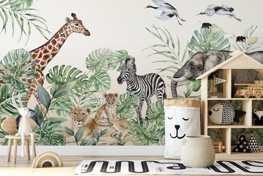 Wildlife Animals Kids Wallpaper, Elephant Giraffe Zebra Wallpaper for Kidsroom, Safari Child Wallpaper, Tropical Jungle Wallpaper Nursery