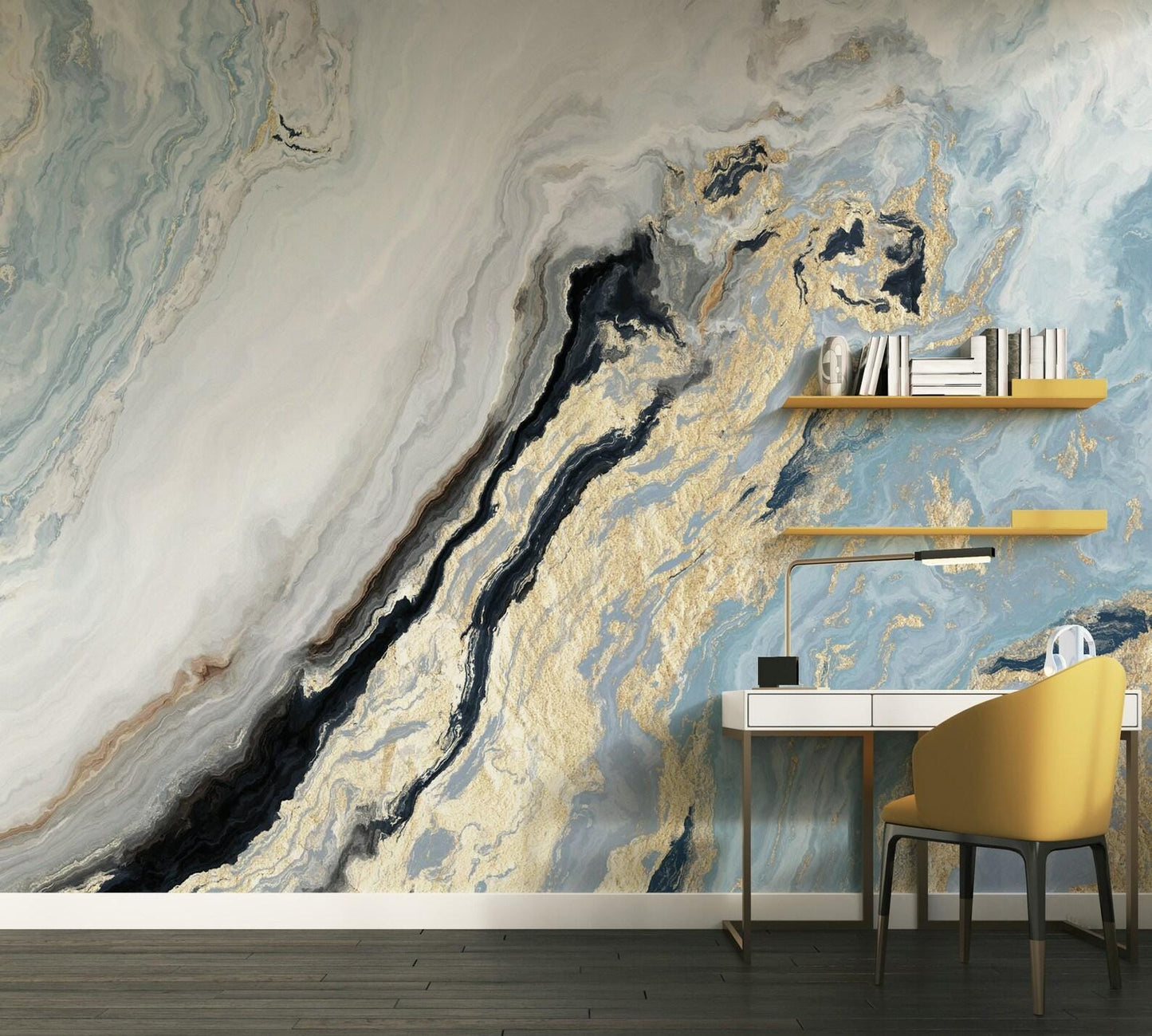 Blue Tones Marble Wallpaper with Gold Color Effect Wallpaper, Abstract Marble Texture Acrylic Paints Cool Mural, Stylish Modern Wallpaper