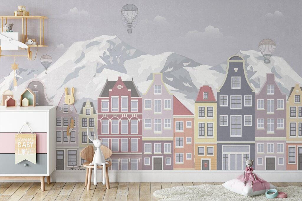 Snowy Mountains Lovely City Wallpaper, Town Wallpaper For Kidsroom, Balloons Wallpaper Nursery, Illustration Childrens Wallpaper