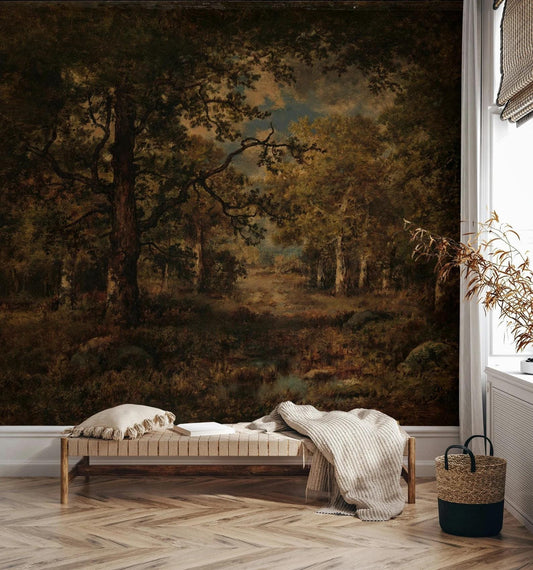 Tual Wallpaper in Vintage Colors Forest, Trees Wallpaper, Bohemian Wall Mural, Peel and Stick Wallpaper, Mystic Room Design
