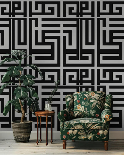 Black and Gray Shape Wallpaper, Peel and Stick Wallpaper, Stylish Wall Design, Black Wallpaper, Geometric Pattern Wallpaper