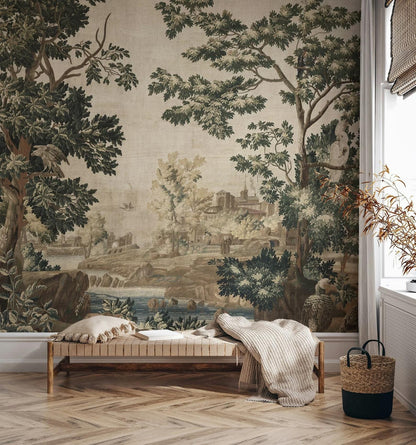 Vintage Design Wallpaper, Trees and Old Town Wallpaper, Bohemian Wall Mural, Peel and Stick Wallpaper, Mystic Room Design