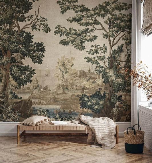 Vintage Design Wallpaper, Trees and Old Town Wallpaper, Bohemian Wall Mural, Peel and Stick Wallpaper, Mystic Room Design