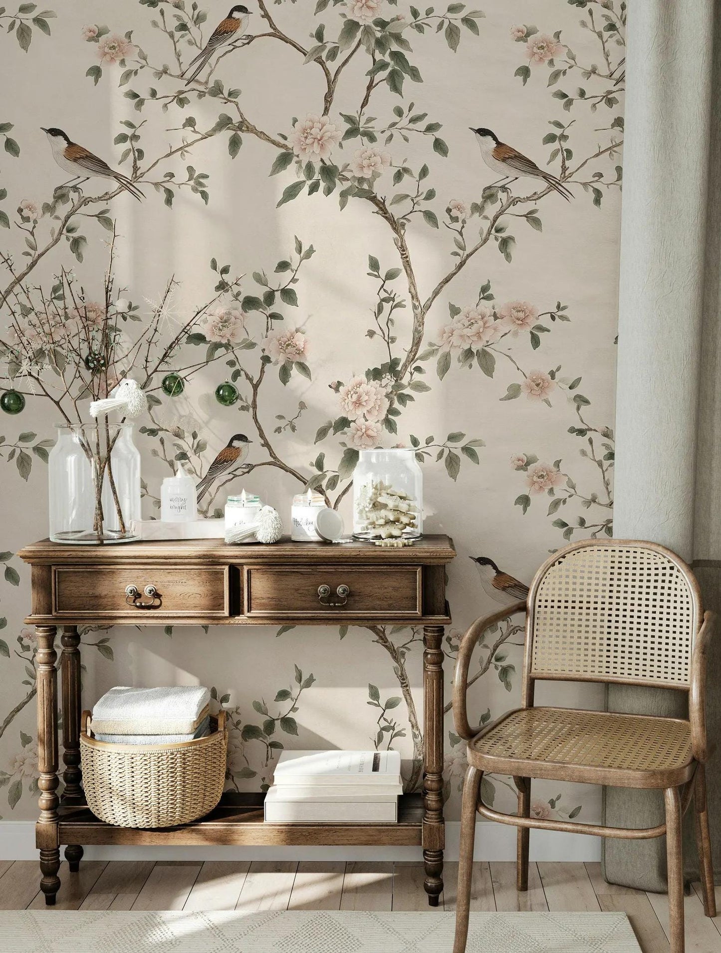 Birds and Pink Flowers on Beige Background Wallpaper, Spring Wallpaper, Vintage Floral Wallpaper, Romantic Mural, Bloom Wallpaper