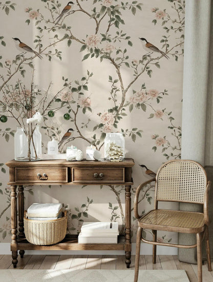 Birds and Pink Flowers on Beige Background Wallpaper, Spring Wallpaper, Vintage Floral Wallpaper, Romantic Mural, Bloom Wallpaper
