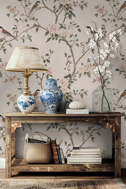 Birds and Pink Flowers on Beige Background Wallpaper, Spring Wallpaper, Vintage Floral Wallpaper, Romantic Mural, Bloom Wallpaper