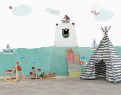 Polar Bear in The Sea Wallpaper, Boats and Fishes Wallpaper For Kidsroom, Sea Wallpaper Nursery, Blue Child Wallpaper, Peel&Stick Wallpaper