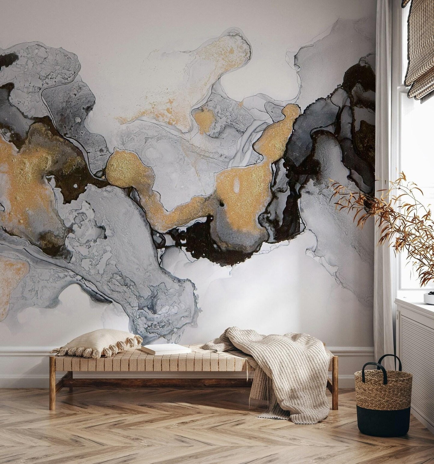 Black, Gray, White and Gold Marble Effect Wallpaper, Abstract Marble Texture Cool Mural, Stylish Wall Design, Modern Wallpaper