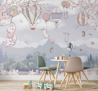 Cute Animals Flying in Balloons and Mountain Pattern Child Wallpaper, Watercolor Wallpaper Nursery, Rabbit Elephant Hedgehog Mouse Wallpaper
