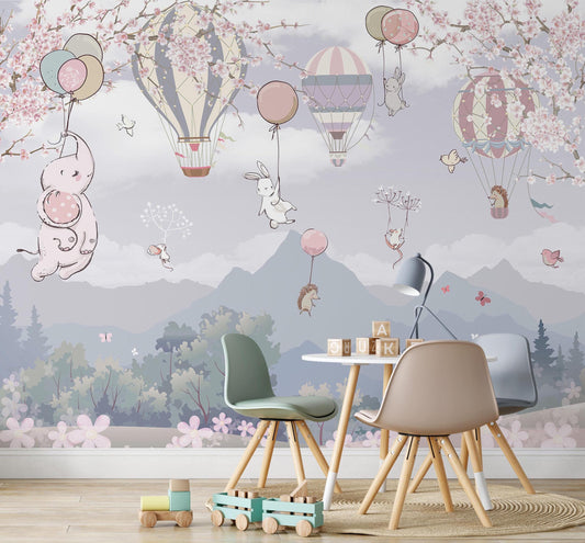Cute Animals Flying in Balloons and Mountain Pattern Child Wallpaper, Watercolor Wallpaper Nursery, Rabbit Elephant Hedgehog Mouse Wallpaper