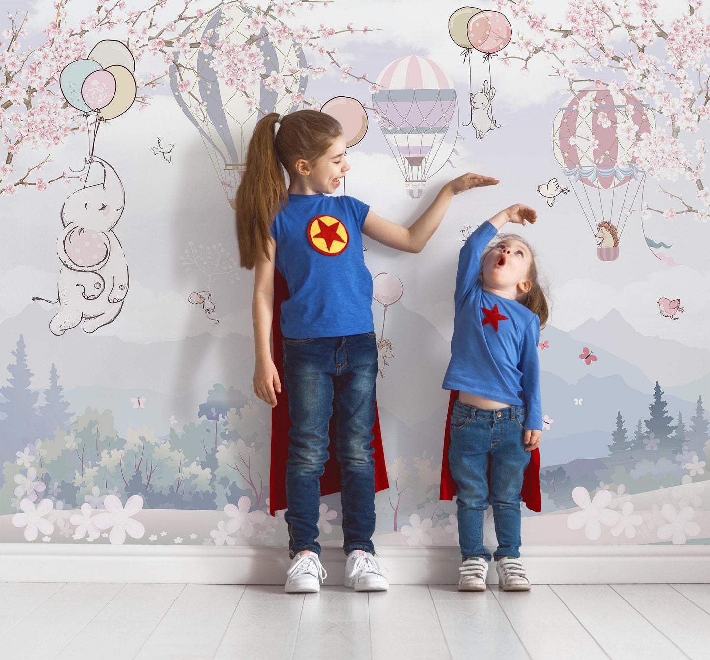 Cute Animals Flying in Balloons and Mountain Pattern Child Wallpaper, Watercolor Wallpaper Nursery, Rabbit Elephant Hedgehog Mouse Wallpaper