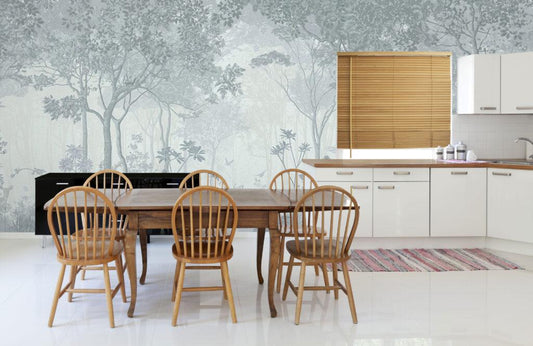 Gray Vintage Forest with Faded Effect Wallpaper, Trees Wallpaper, Bohemian Mural, Peel & Stick Mystic Wall Poster, Design Wallpaper