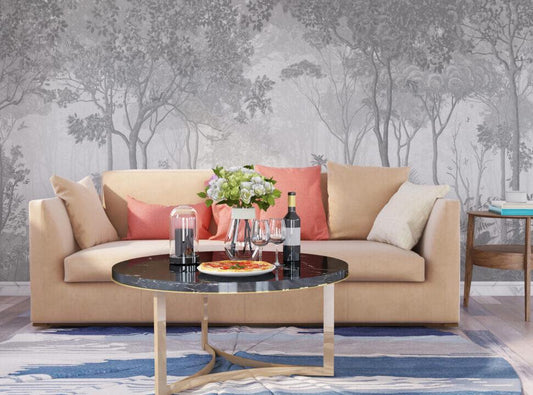 Bright Gray Vintage Forest with Faded Effect Wallpaper, Trees Wallpaper, Bohemian Mural, Peel & Stick Mystic Wall Poster, Design Wallpaper
