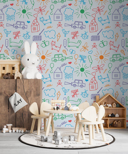 Fun Kids Drawings Wallpaper, Colourful Child Art Wall Poster, Pictorial Baby Wallpaper, Cute Wallpaper Nursery, Drawwing School Wallpaper