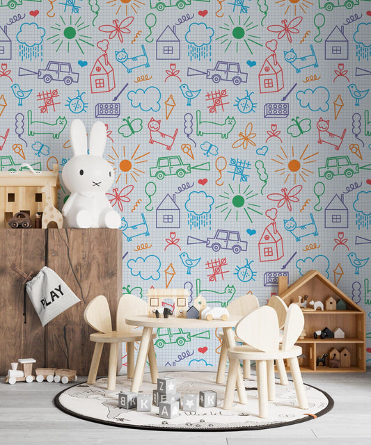 Fun Kids Drawings Wallpaper, Colourful Child Art Wall Poster, Pictorial Baby Wallpaper, Cute Wallpaper Nursery, Drawwing School Wallpaper