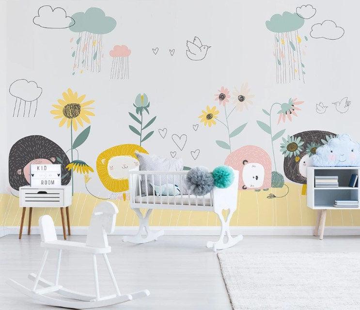 Cute little lambs Child Wallpaper, Drawing Animals Wallpaper, Cute Sheep 3D Kids Wall Poster, Sketch Baby Wallpaper, Wallpaper Nursery