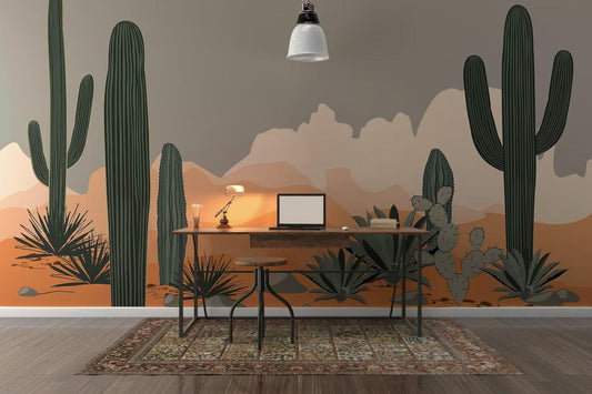 Cactuses in the Desert Wallpaper, Desert Sunset Illustration Wallpaper, Cactus Garden Wallpaper, Modern  Abstract Pattern Wallpaper
